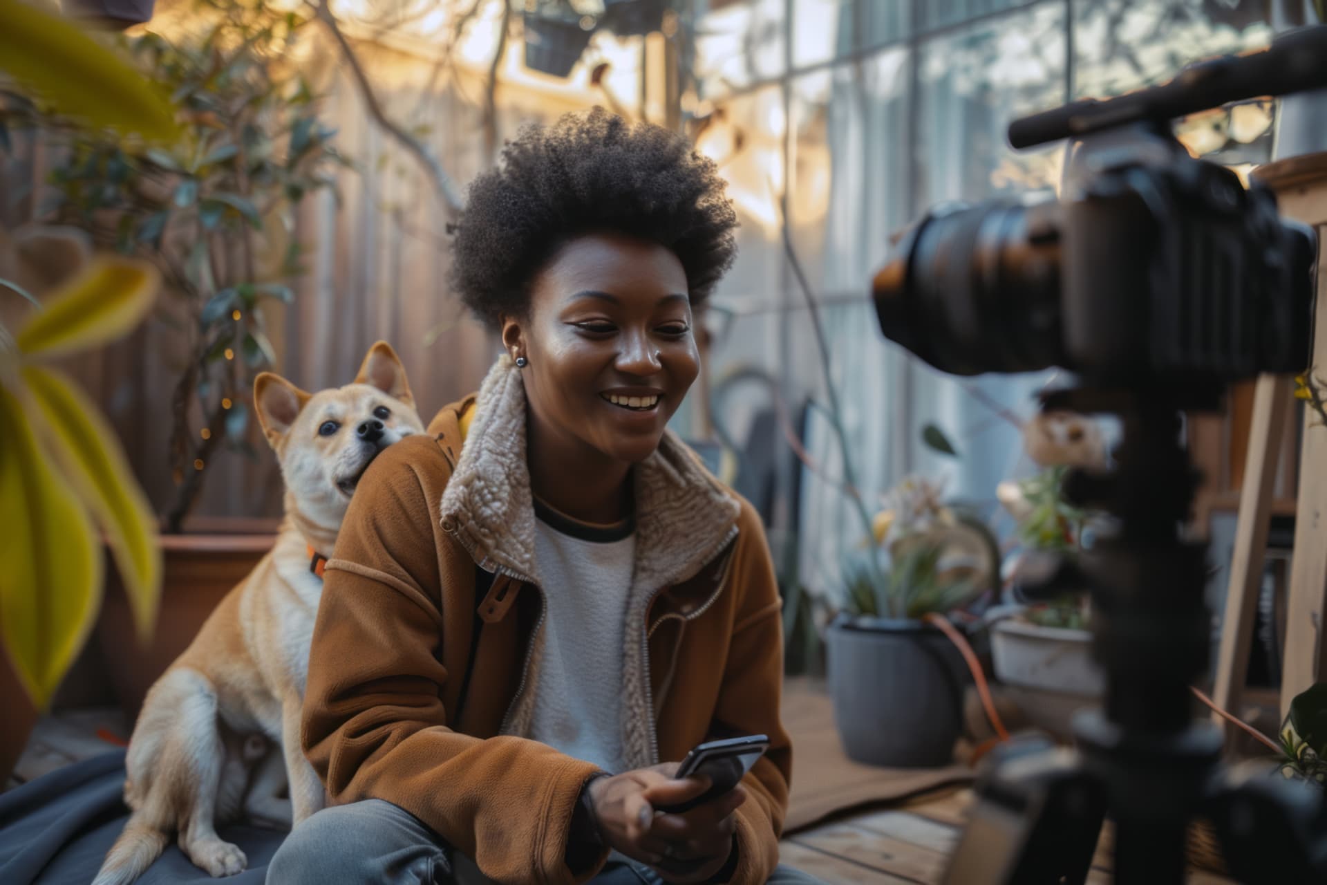 A creator recording a video with her dog